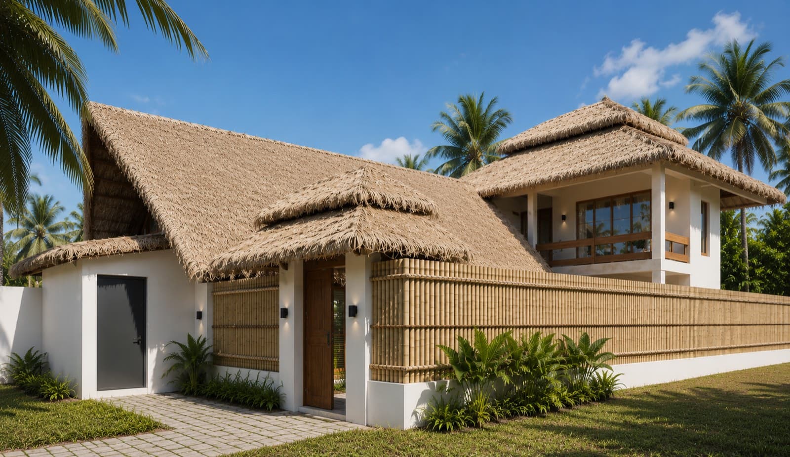 The villa's thatched roof and white walls under a clear blue sky, framed by palms.