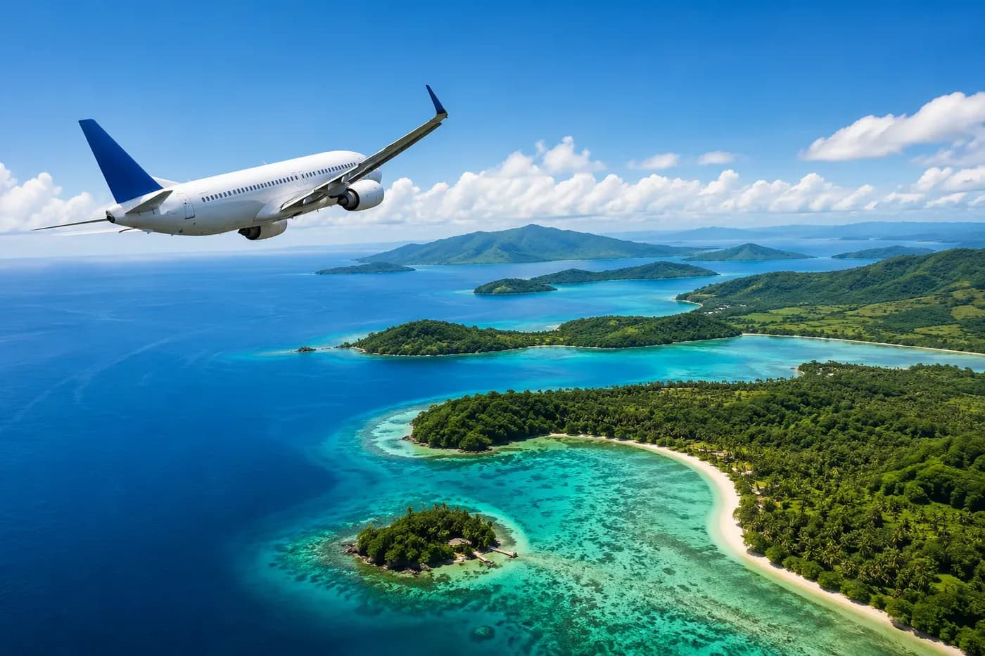 Plane flying over island